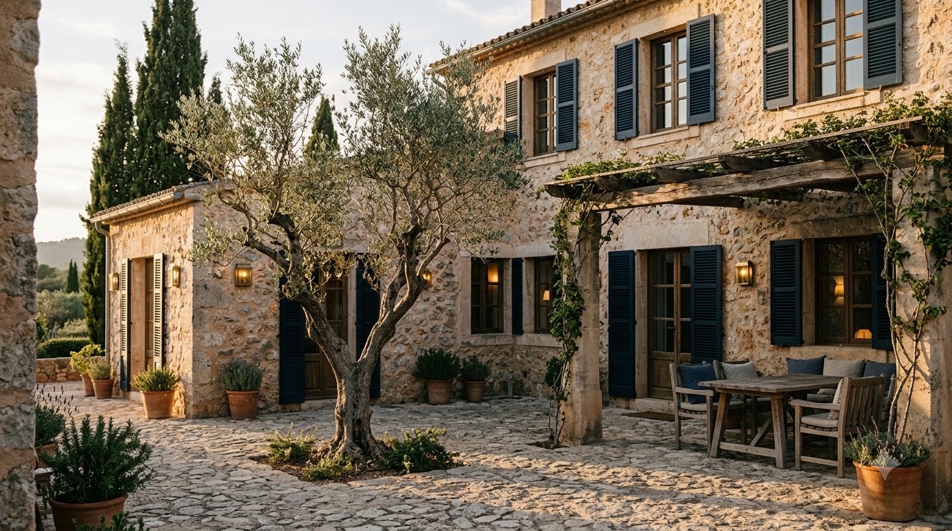 بيت عائلي من الحجر مع شجرة زيتون في الفناء