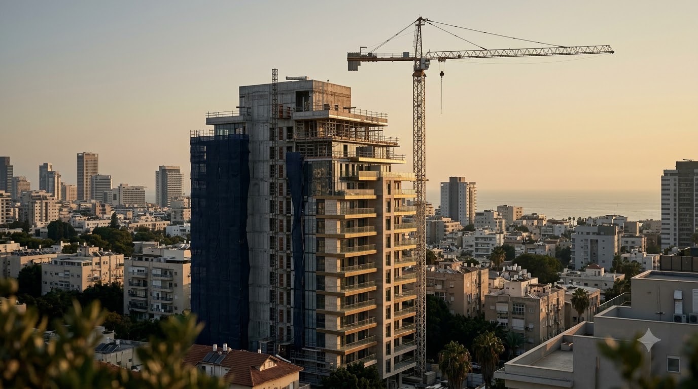 مبنى سكني جديد قيد الإنشاء مع رافعة