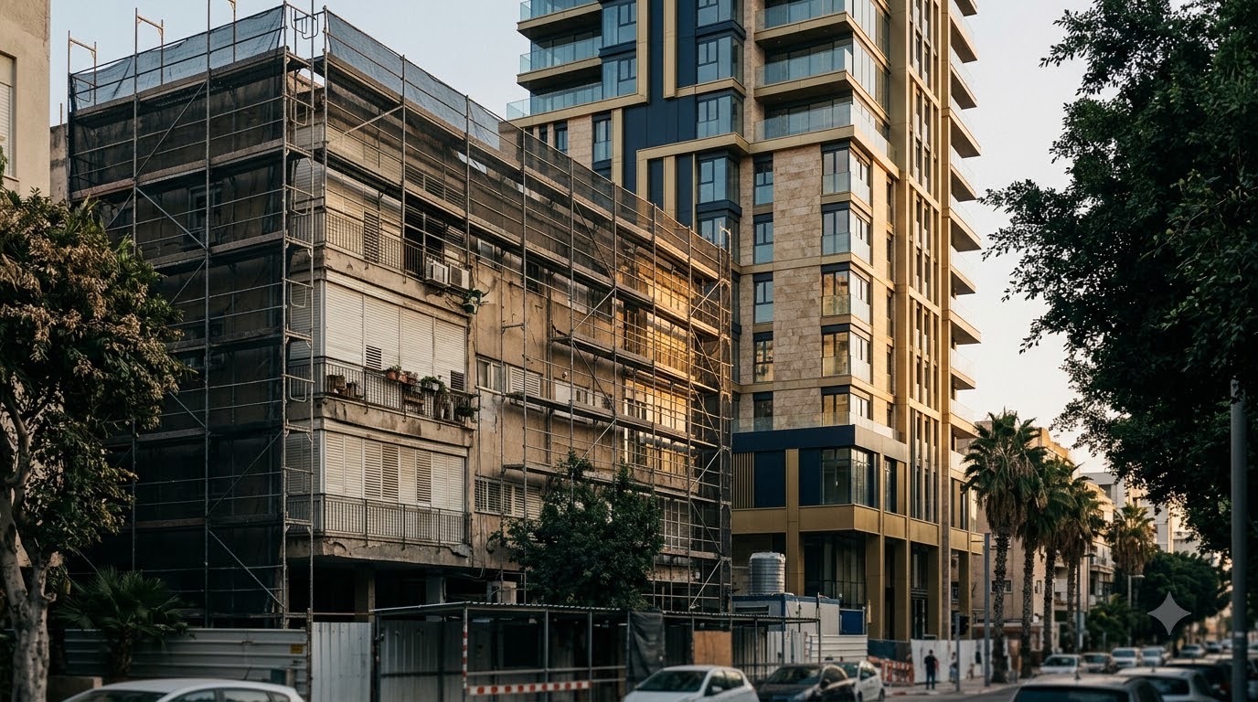 مبنى قديم محاط بالسقالات بجانب برج سكني جديد