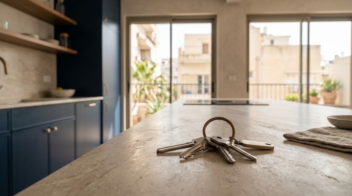 مفاتيح شقة جديدة على سطح حجري